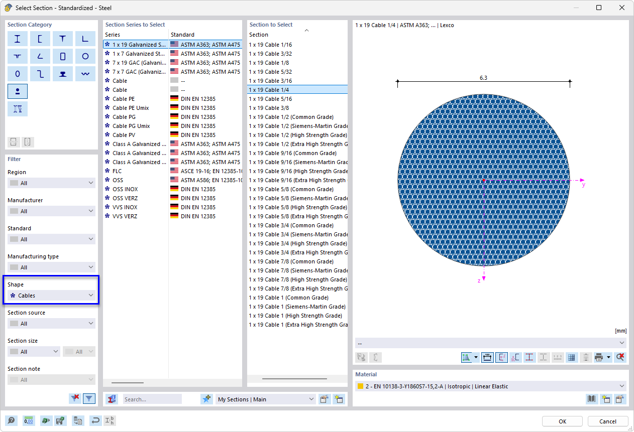Selecting a tendon cross-section in a library