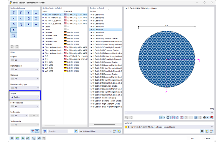 Selecting a tendon cross-section in a library