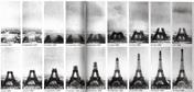The step-by-step construction of the Eiffel Tower from its foundations to the tip of the antenna is shown in time lapse.