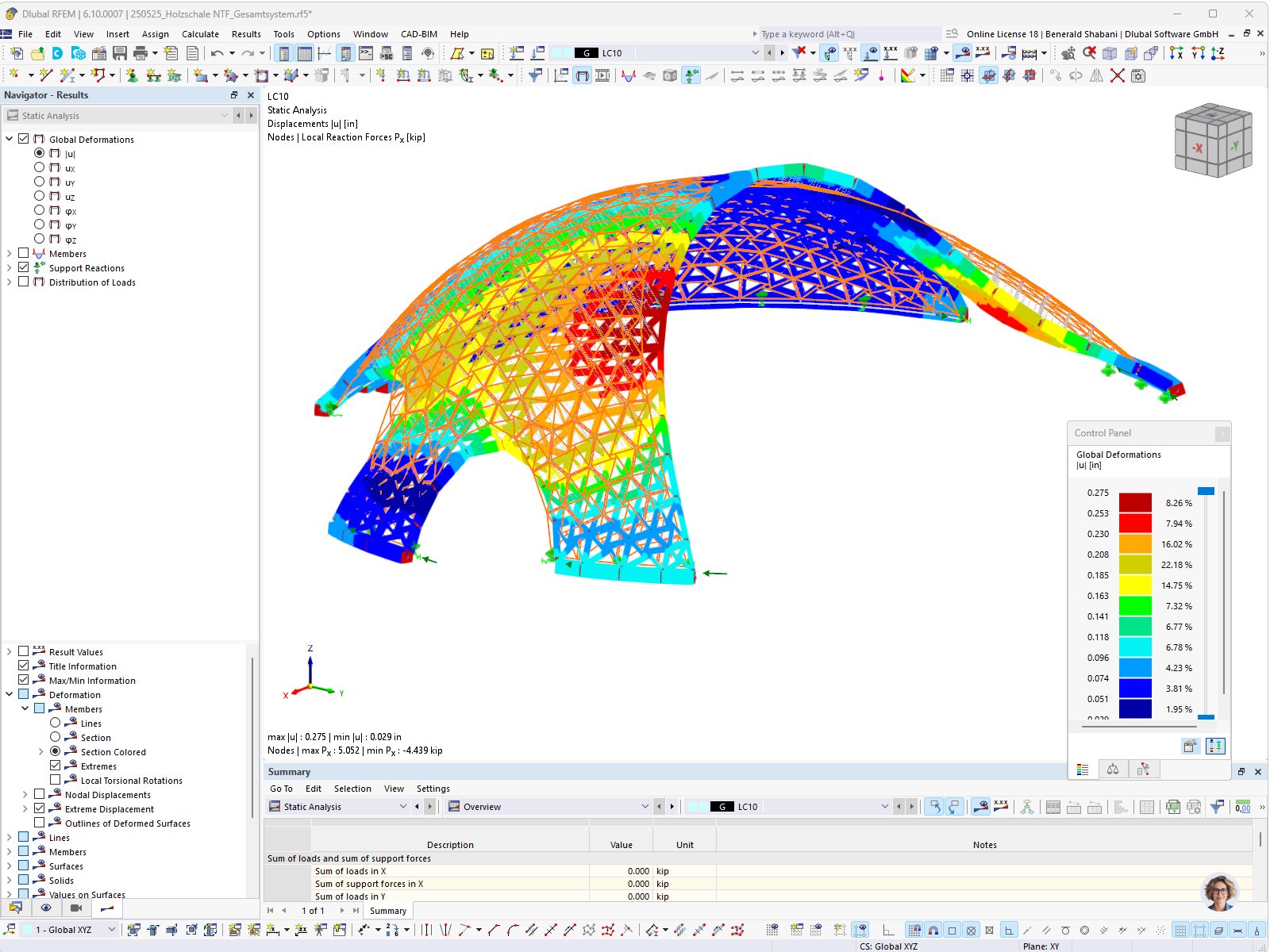 Analysis of the timber gridshell structures regarding the deformation under loading.