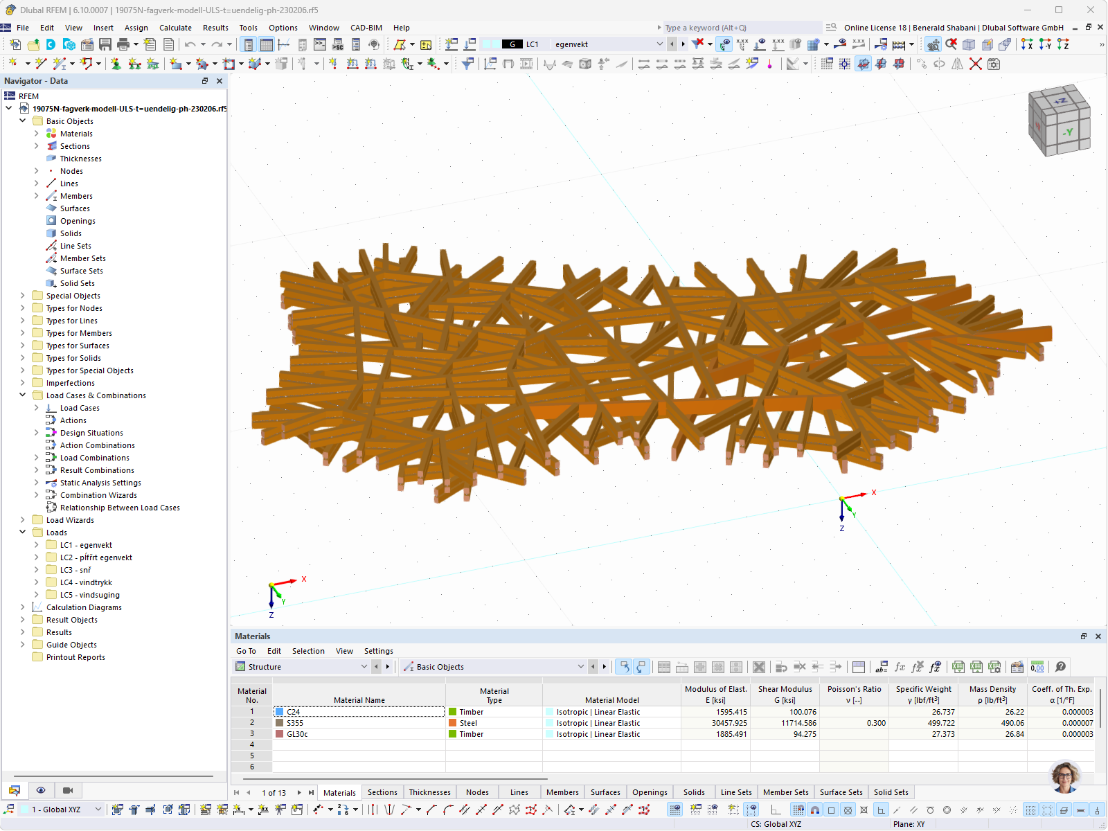 Roof structure of a service building made of timber. Detailed view of the supporting elements.