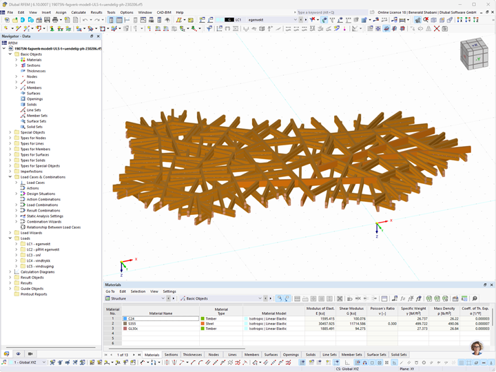 Roof structure of a service building made of timber. Detailed view of the supporting elements.