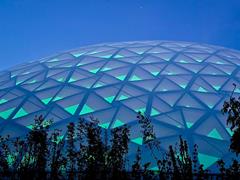 Illuminated night view of the Park Arena dome in Furth im Wald.