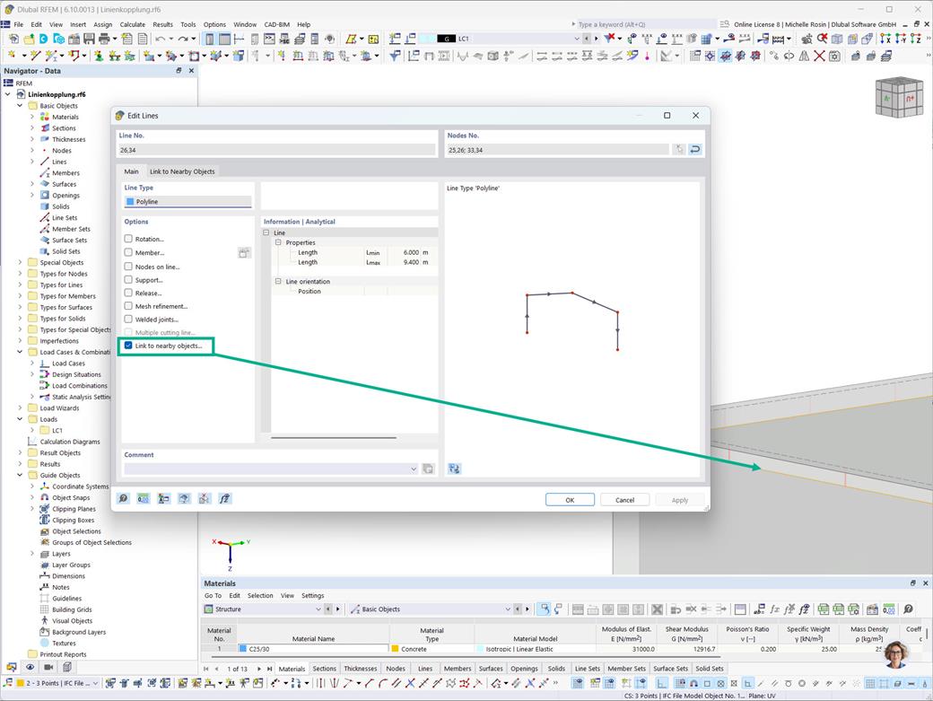 Neighboring objects are linked with rigid links and settings for the search are defined.