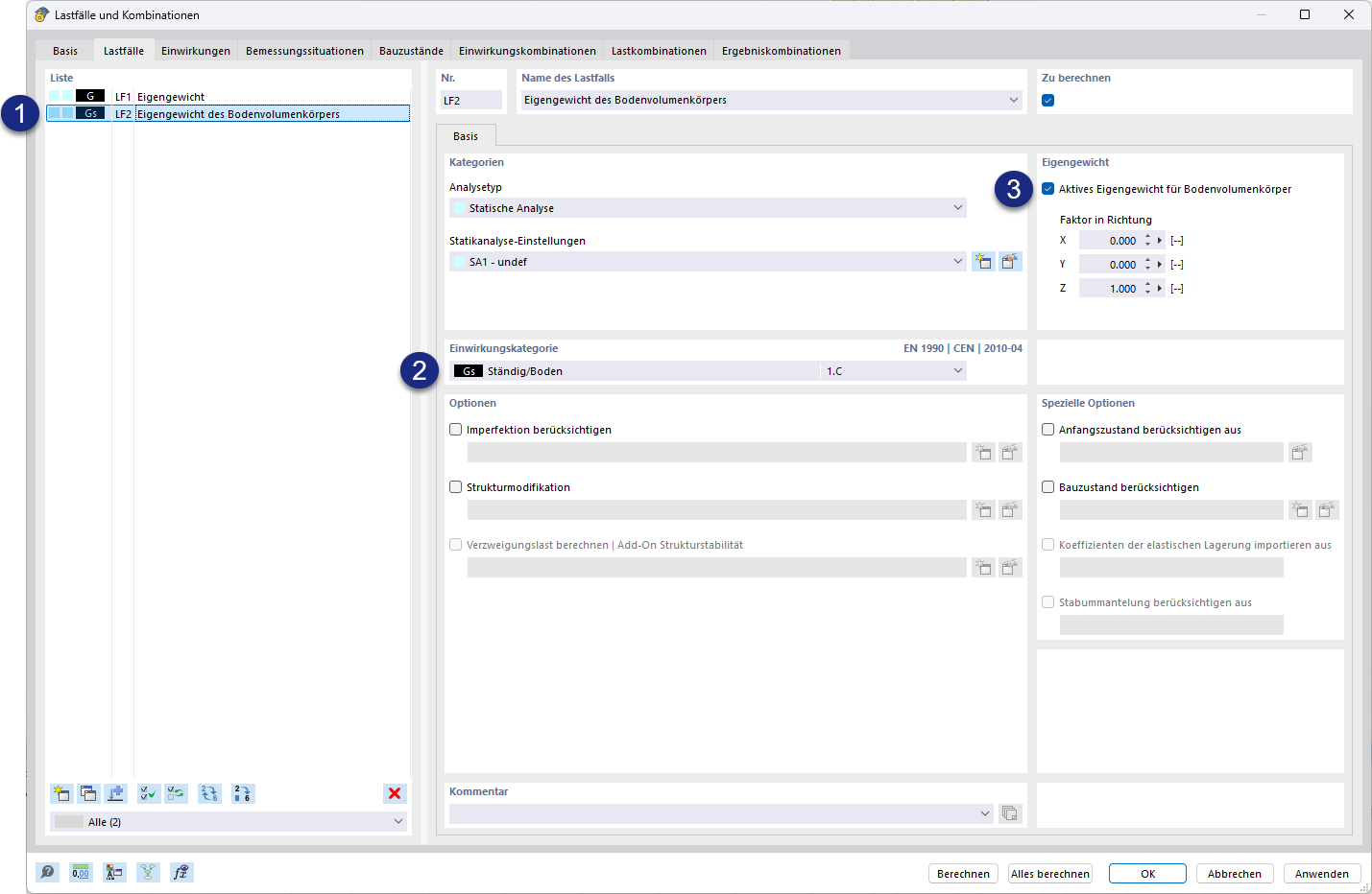 Load cases and combinations input dialog box - Load cases - Self-weight of soil solid
