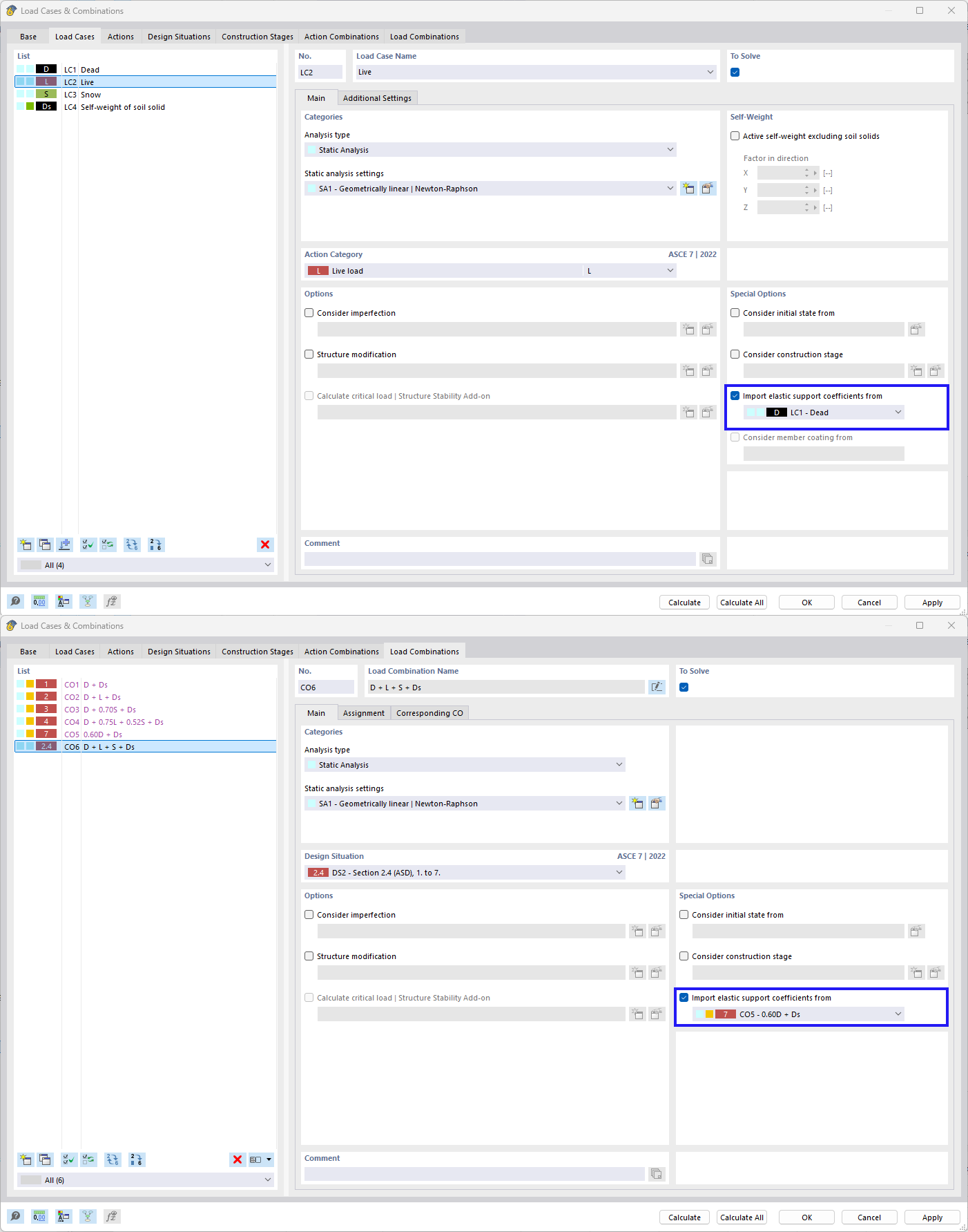 Manual assignment for import of elastic support coefficients | Soil-structure interaction | Foundation coefficients and load combination