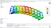 Timber footbridge showcased with global deformation results in an RFEM 6 structural analysis model developed by Malika Urinova.