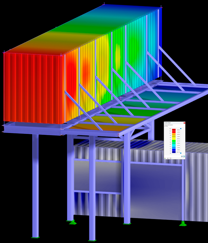 RFEM model showcasing global deformation results on a container structure affected by wind load. © Modular Structural Consultants LLC.