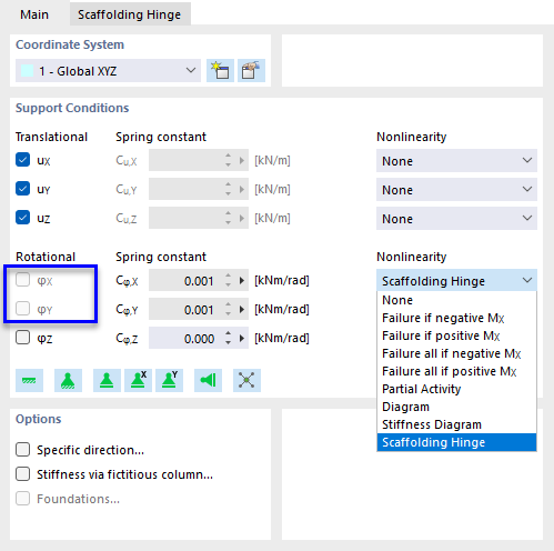 Selecting a scaffolding hinge for the horizontal rotation of a support