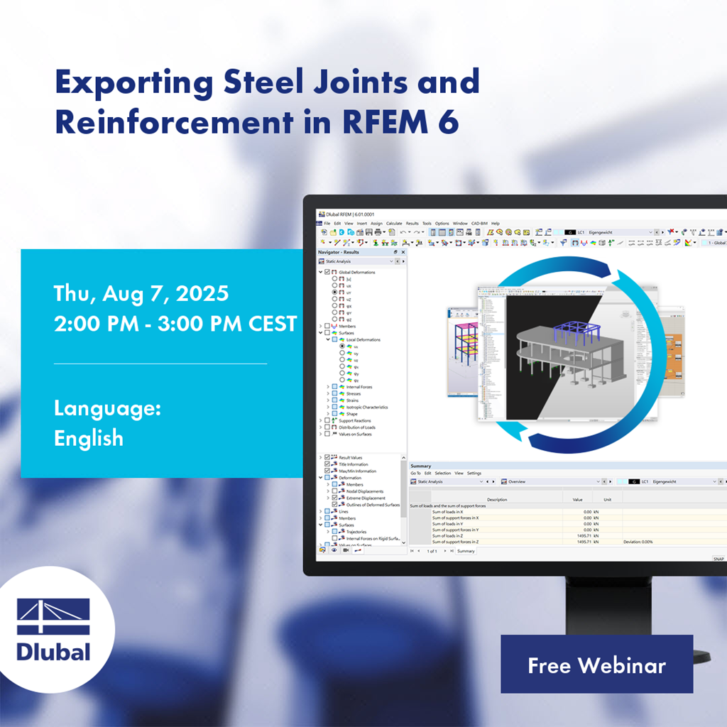 Demonstration of exporting steel joints and reinforcement models in RFEM 6, visualizing engineering details efficiently.