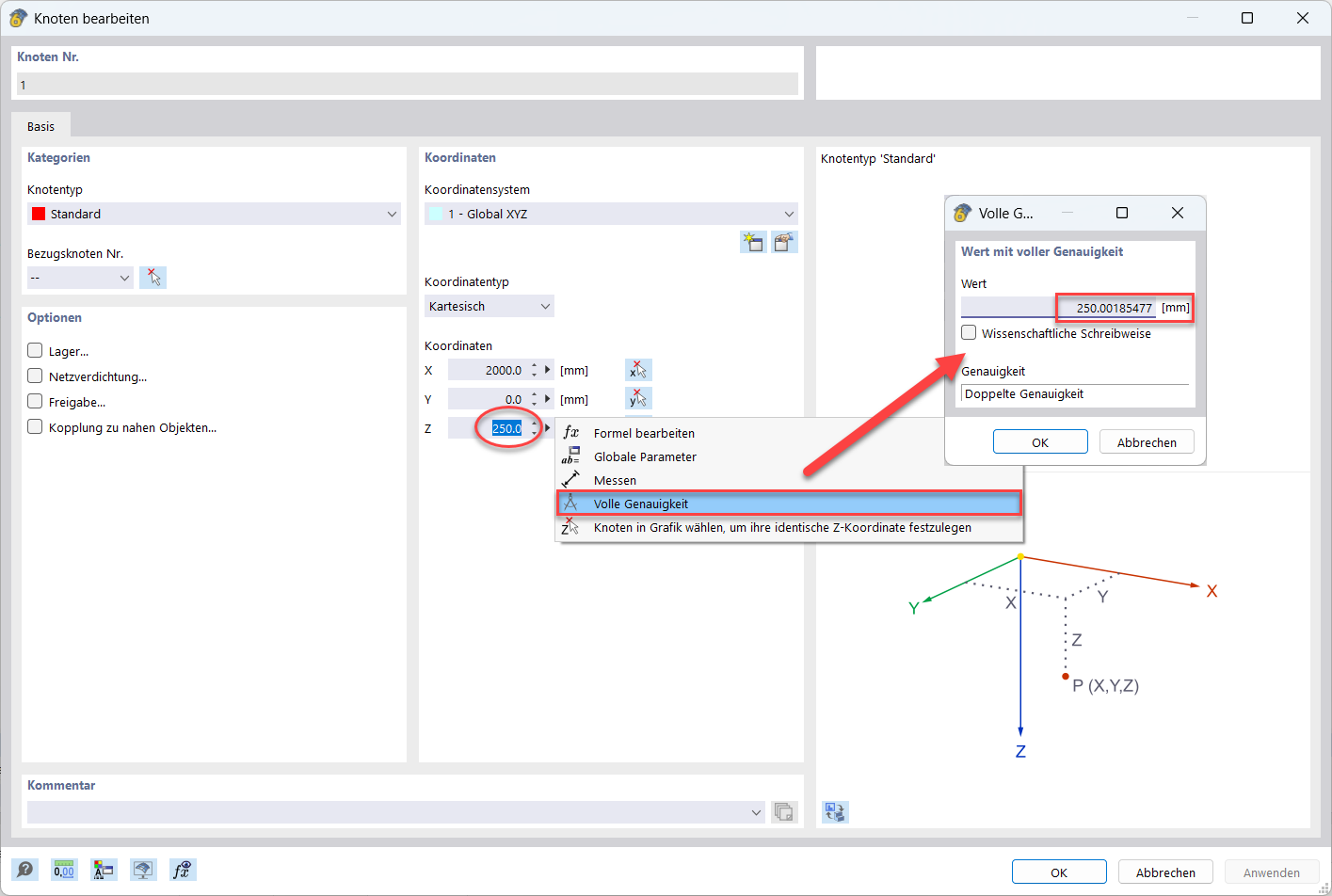 The Node Coordinates dialog box shows precise orientation and position for members in a structure.