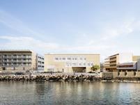 The project integrates local stone, terraced access, and dynamic flares to create flexible educational and community spaces.