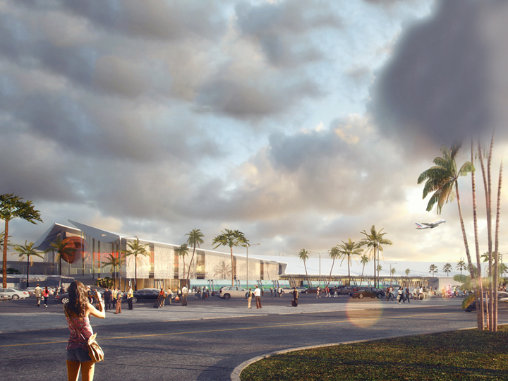 3D rendering of the modernized terminal at Aimé Césaire Airport in Martinique, including a red sphere symbolizing Mount Pelée | © AIA Life Designers, architects