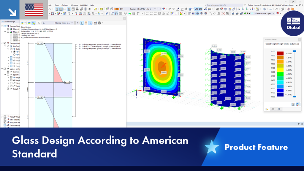 Visual illustrating glass design according to an American standard. It highlights structural analysis features specific to glass.