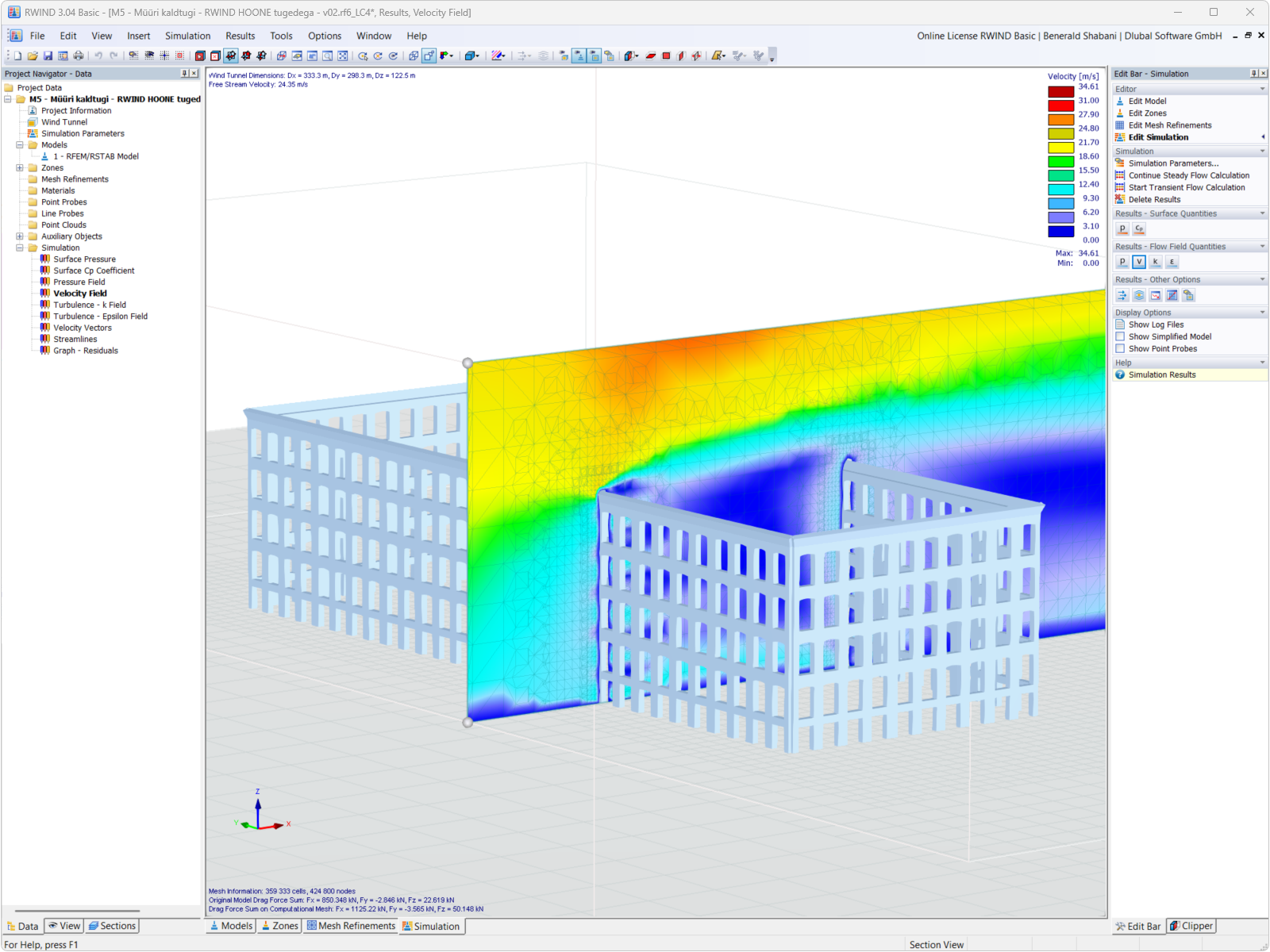 Wind load simulation on a facade to optimize its stability.
