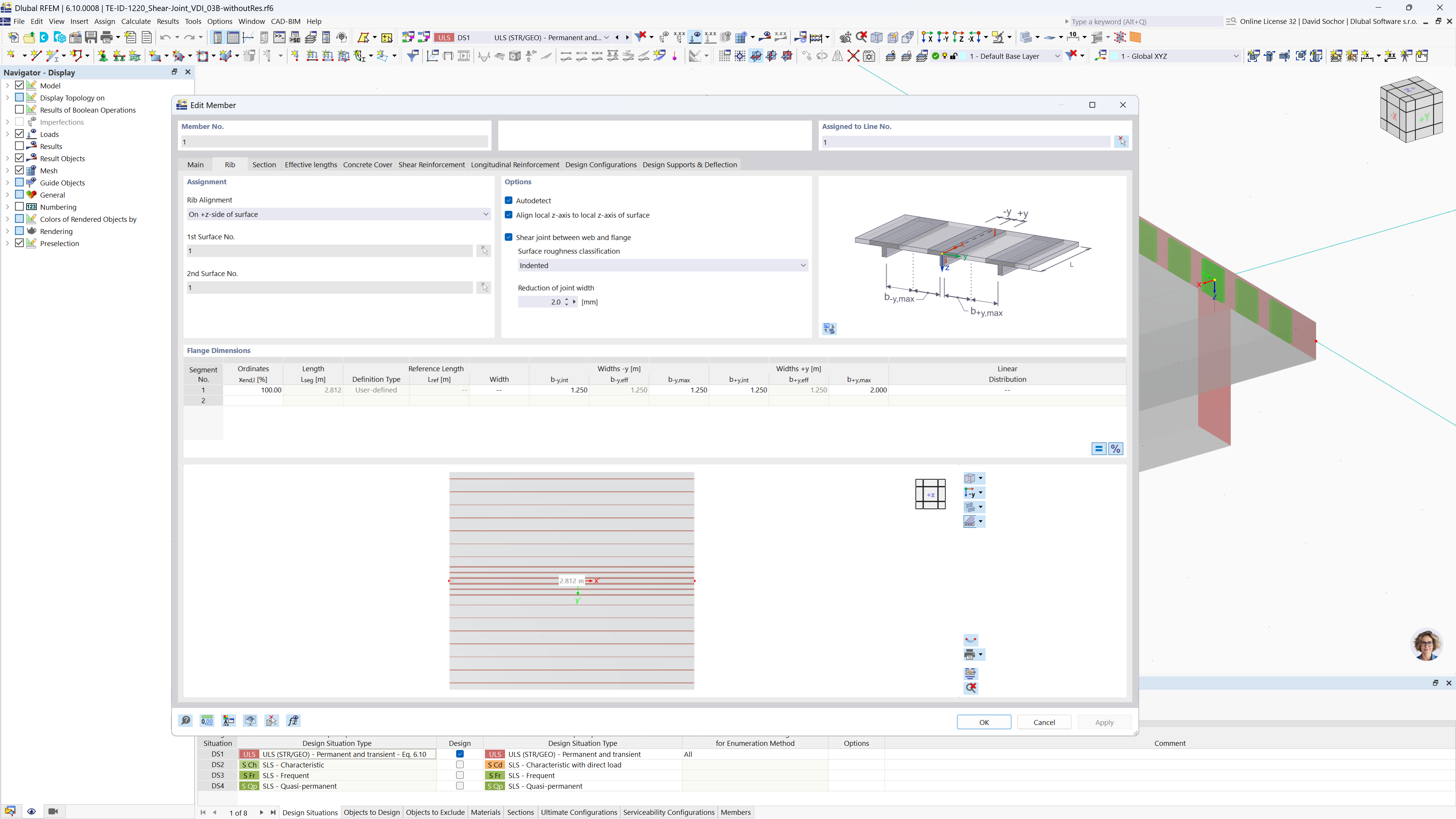 Concrete beam design showing definition of effective slab widths of T-beams in segments for structural analysis.