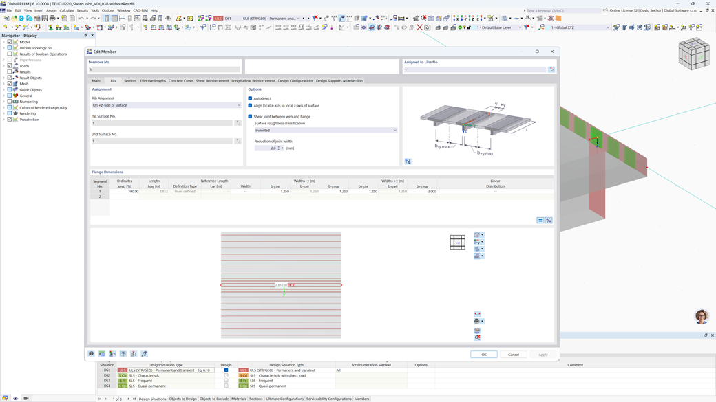 Concrete beam design showing definition of effective slab widths of T-beams in segments for structural analysis.