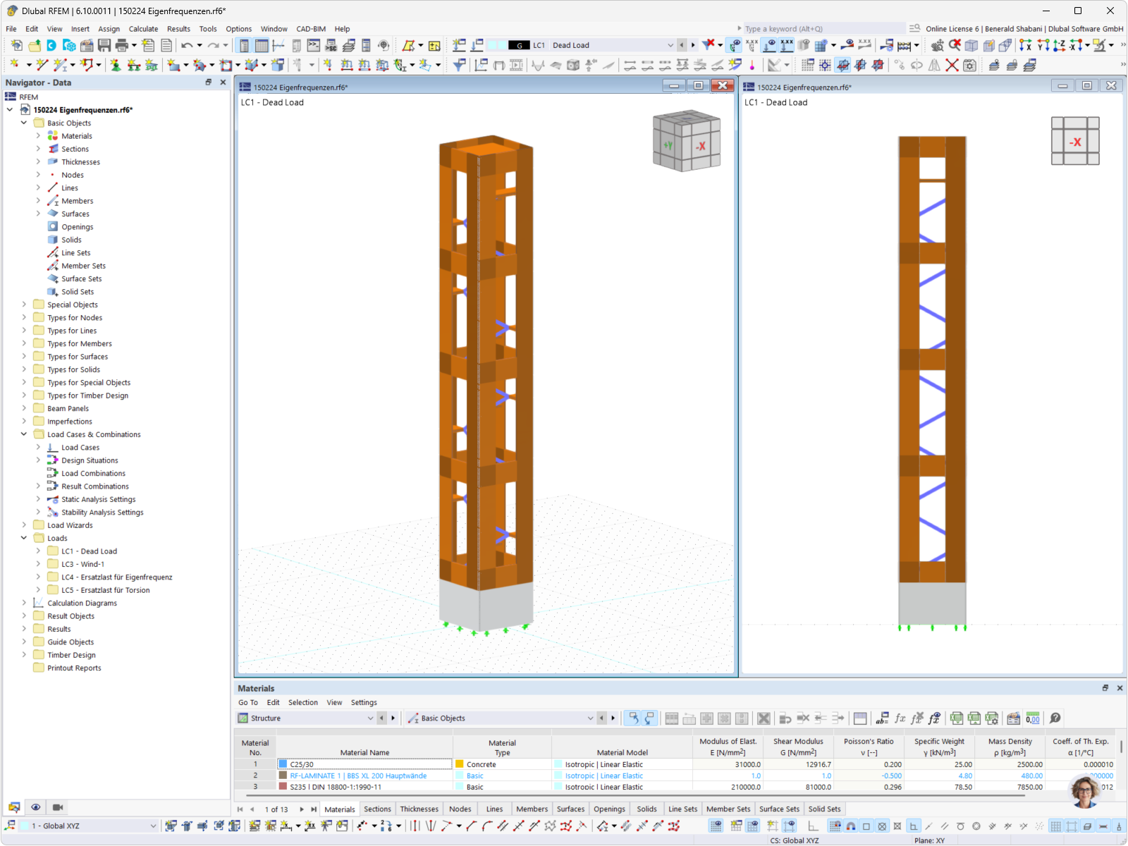 Structural analysis of a timber tower using RFEM, display of the structure in the construction stage.