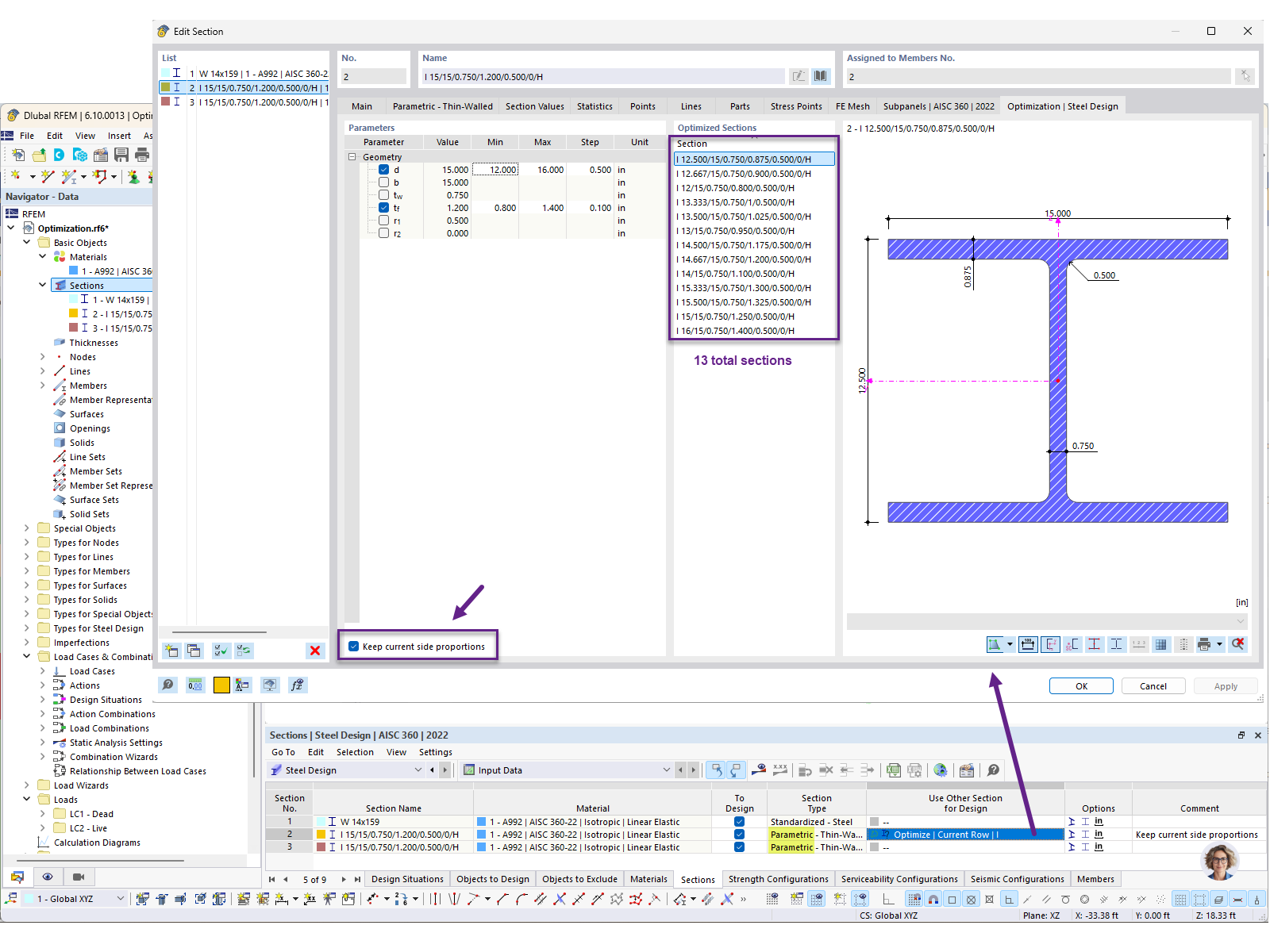 FAQ 005705 | How can I optimize cross-sections in the Steel Design add-on?