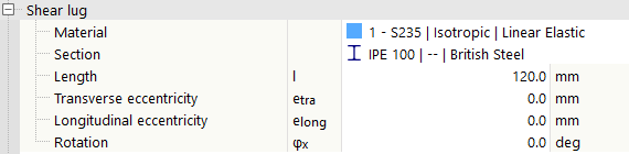 Detailed view of the graphical interface for configuring a shear lug in a software tool for structural analysis.