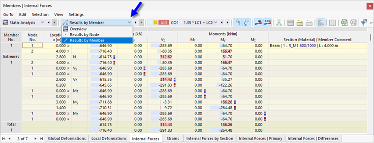 Display of results for members with tendons in a table. Support for specific selection from the results.