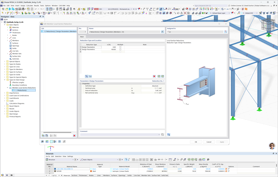 Dialog box for entering local cross-section reductions in steel design for tension check, specifying reductions as an absolute value or percentage.
