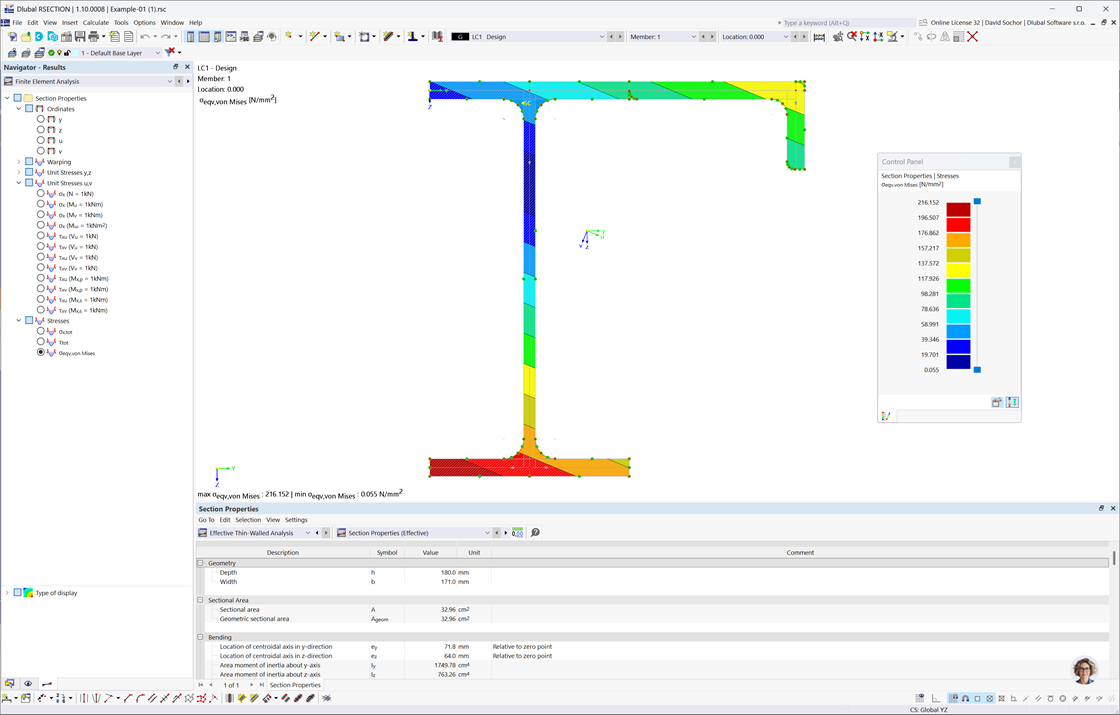 Tabular and graphical view of cross-section properties and stress distribution for designing custom cross-sections following EN 1993-1-5 standards.