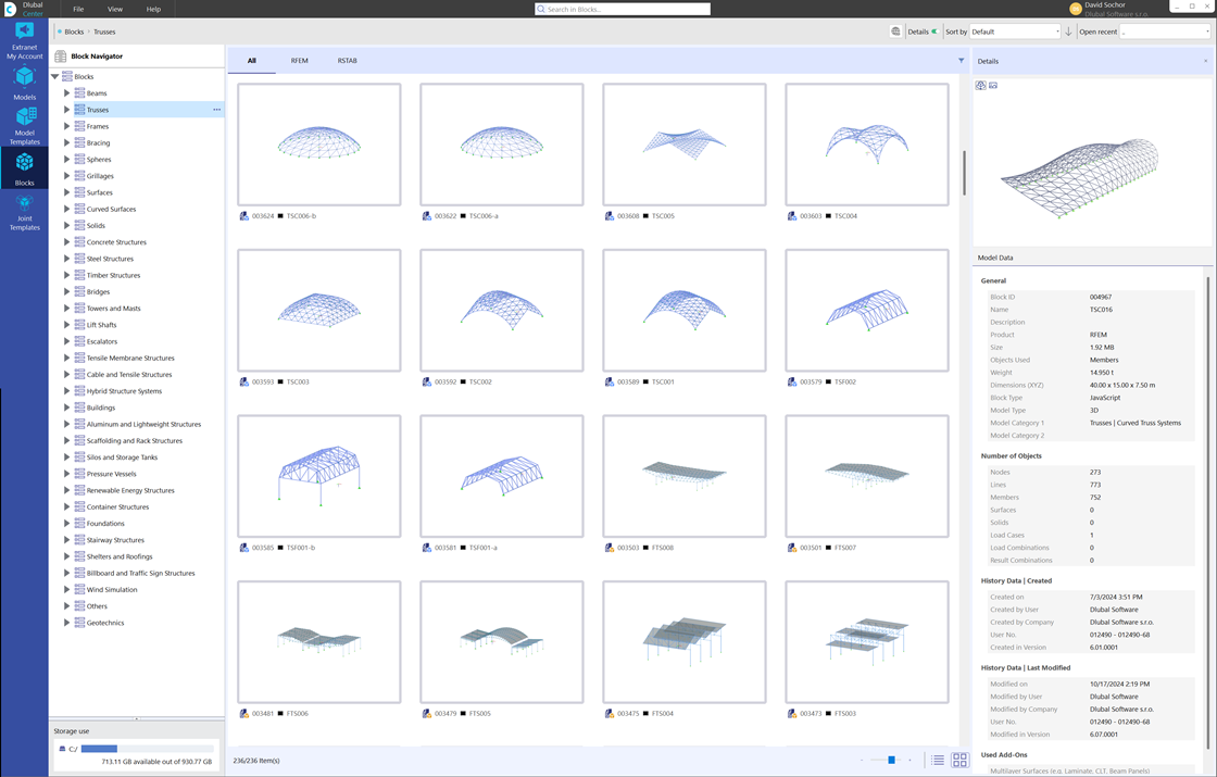 Visualization of the central management of projects and models in the Dlubal Center with detailed information and graphics.
