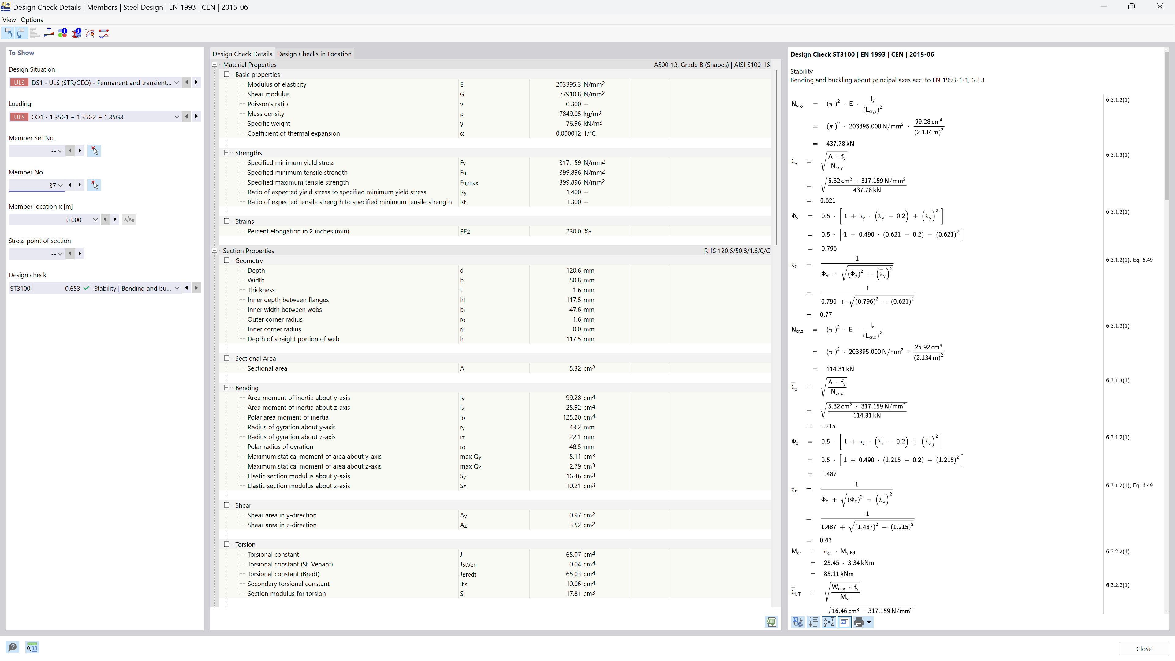 Design check formulas for structural analysis with standard references in a comprehensible display used in the design checks.