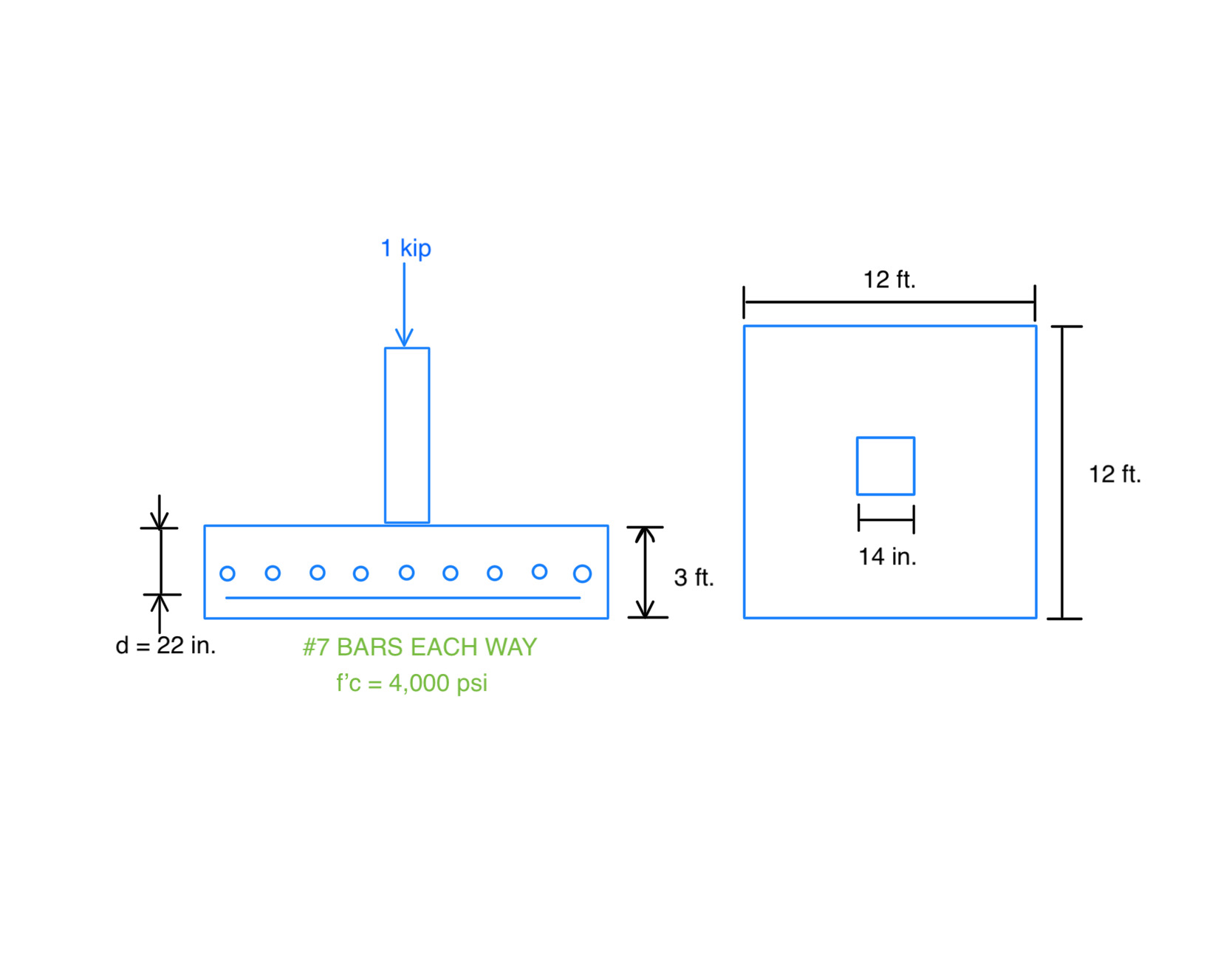 A detailed view of a cast-in-place reinforced concrete spread footing designed to support an interior structural column.
