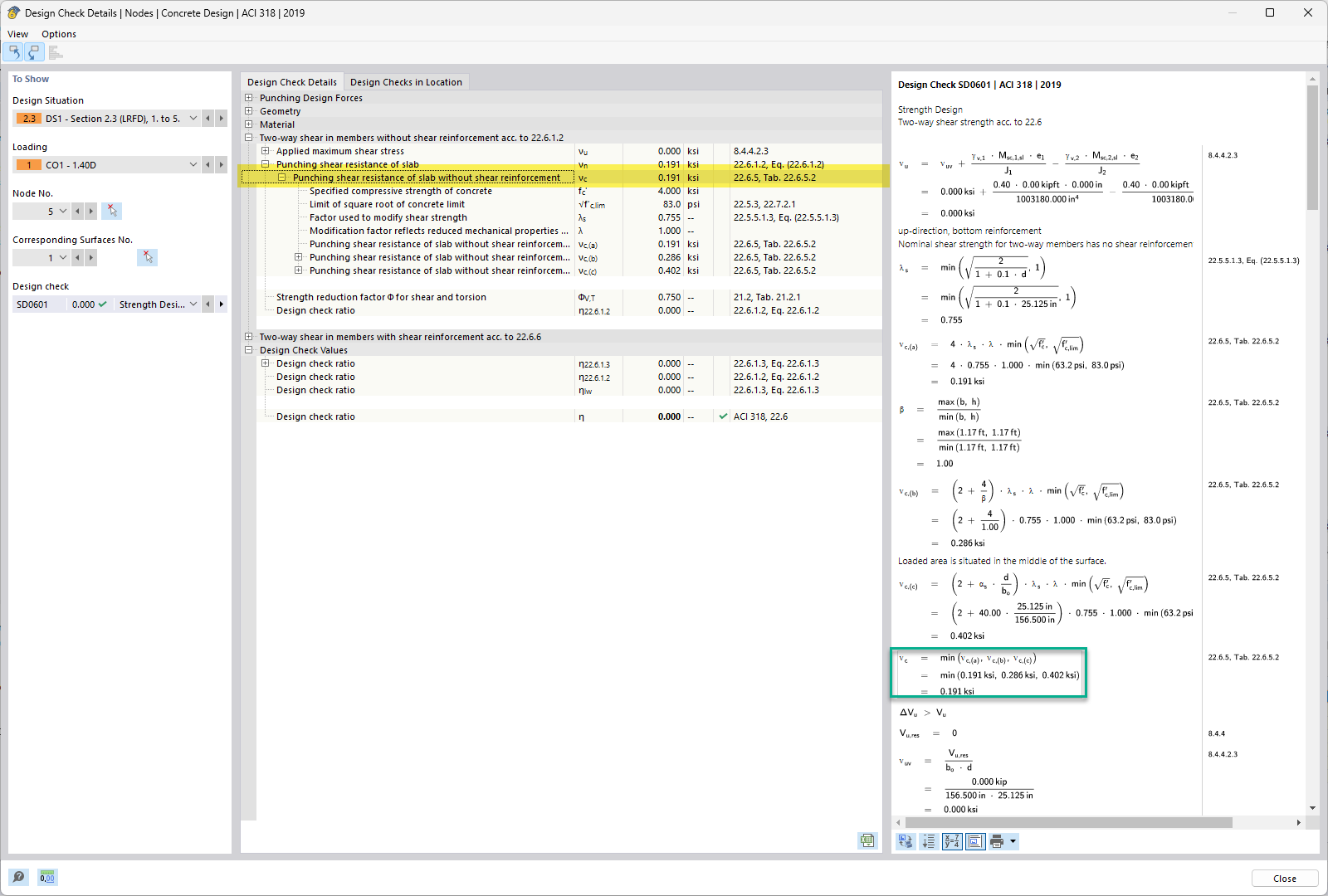 RFEM 6 displays result data from the Concrete Design add-on including stress distribution and material values.