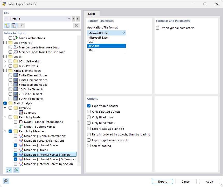 Export the analysis results of a post-tensioning calculation to an XLSX file.