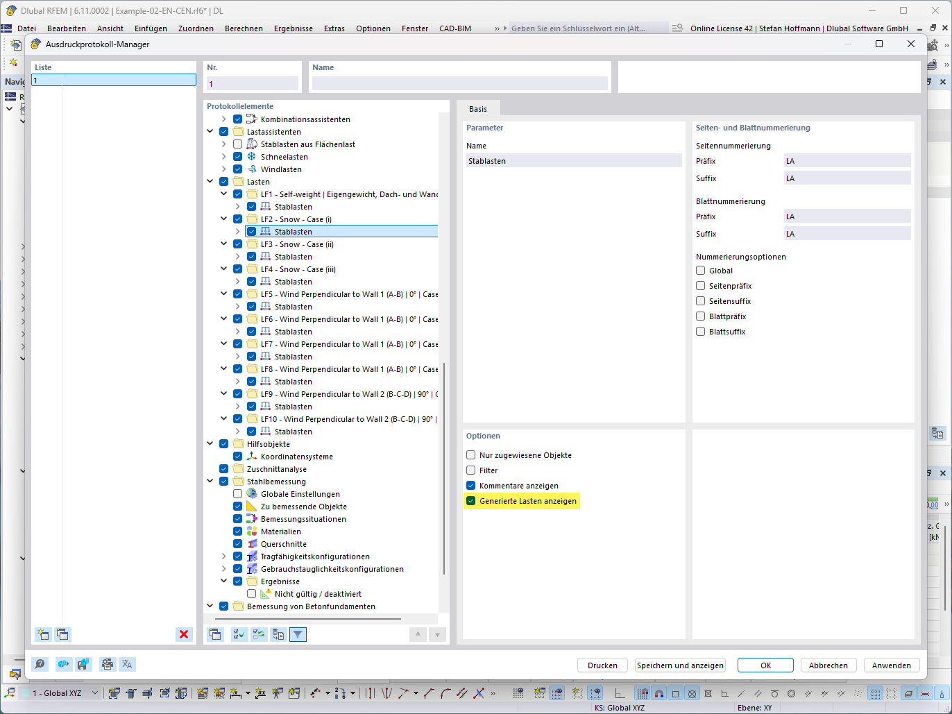 Display of a feature for showing generated loads in a detailed technical view.