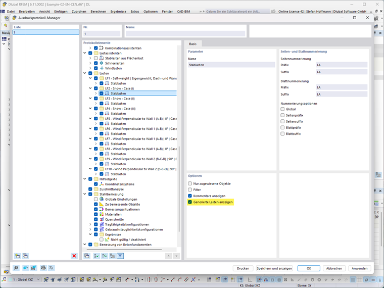 Display of a feature for showing generated loads in a detailed technical view.