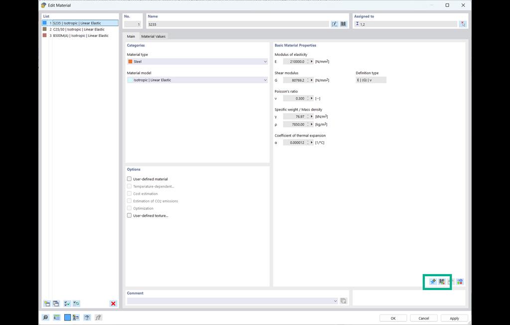 User interface for entering user-defined material data in structural analysis software