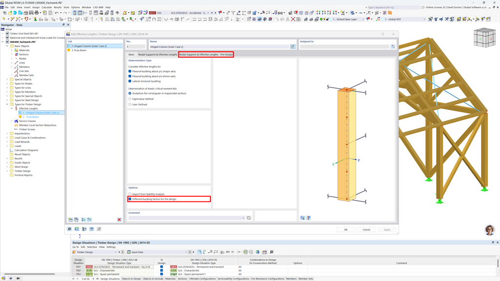 Explanation of effective length adjustment for fire protection in timber structures focusing on lateral supports.