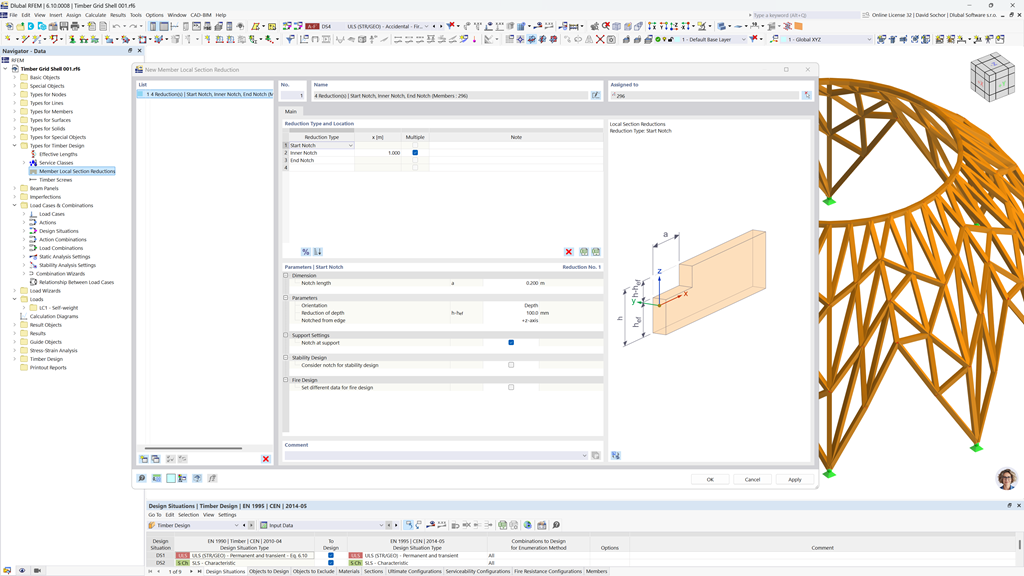 Dialog for defining cross-section reductions in timber beam design to manage notches effectively.