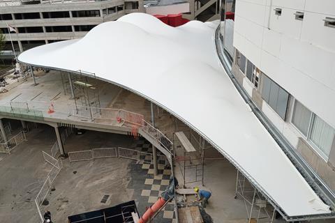 Architectural structure with a tensile membrane subjected to prestress forces designed by Ing. Agustin Alvarez Sarrieta.