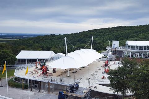 View of Champagne Bar at Goodwood Racecourse in the United Kingdom showcasing its architectural design.