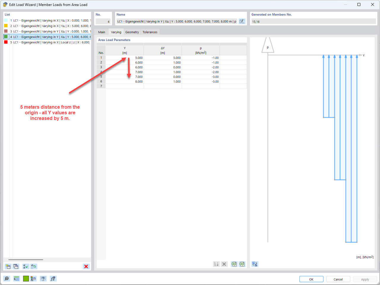 The image shows a dialog box for entering load coordinates in a 3D model. The window contains text boxes for the X, Y, and Z coordinates of a load so that it can be defined precisely.