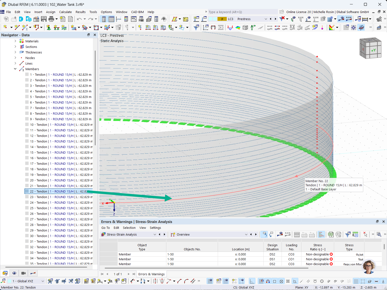 Detailed view of tendons in a circular prestressed concrete tank for structural integrity and stability.