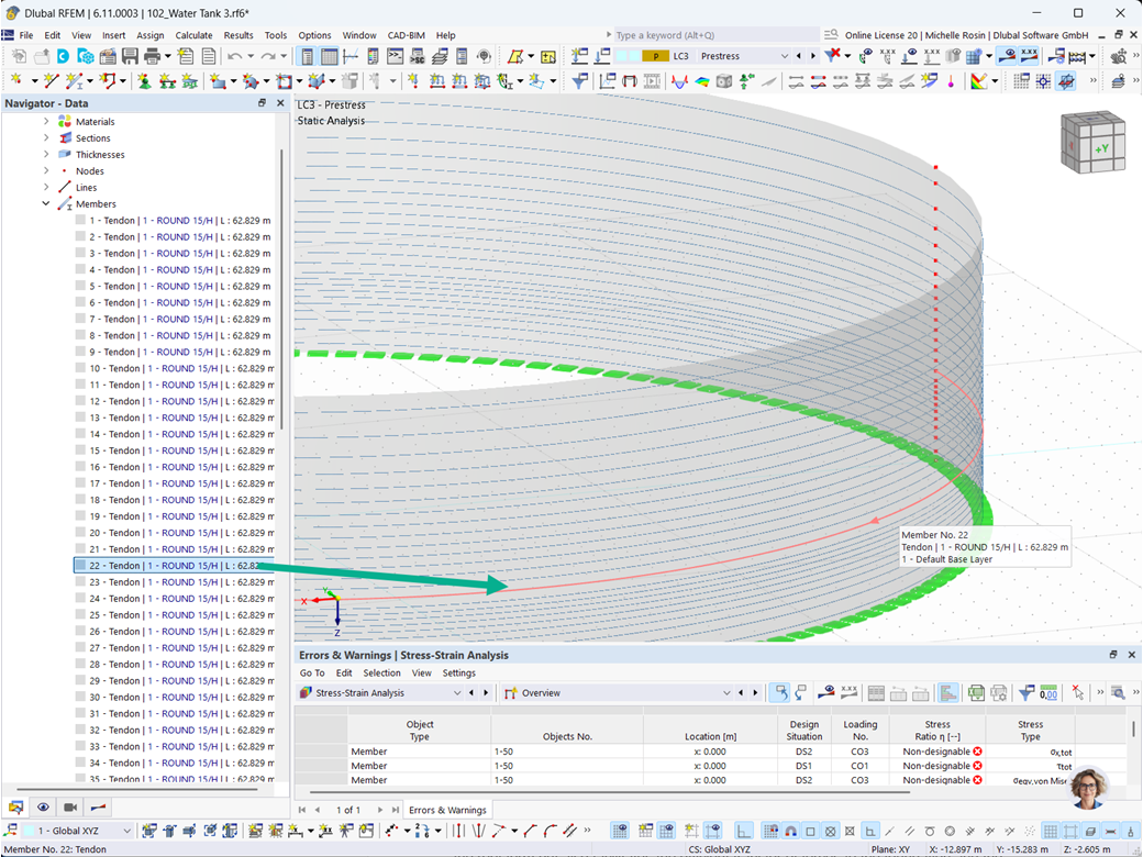 Detailed view of tendons in a circular prestressed concrete tank for structural integrity and stability.