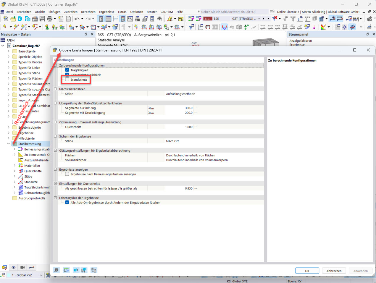Global settings for steel design are displayed to adjust parameters.