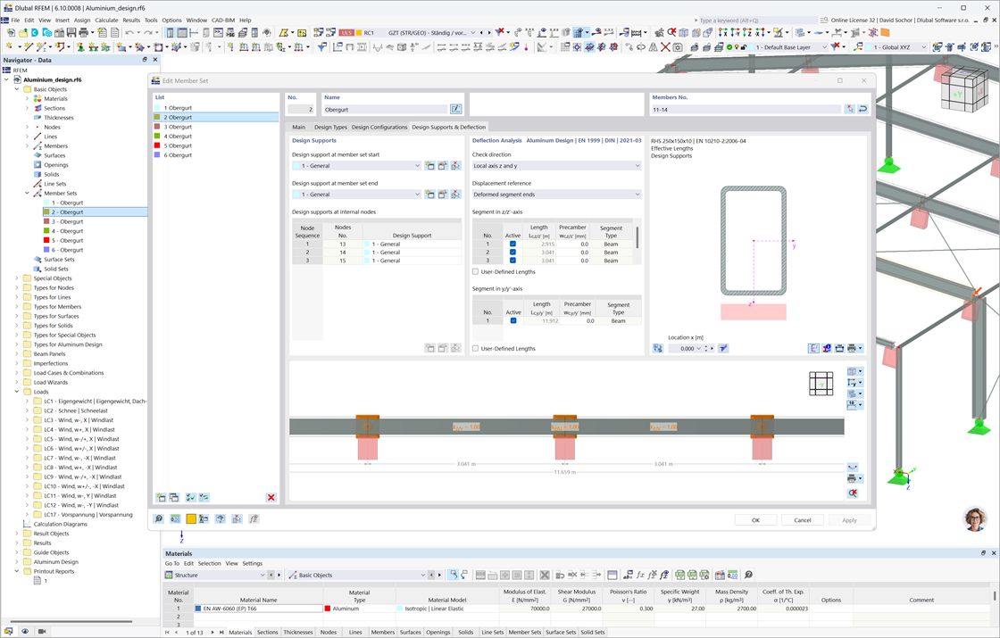 Display of deflection and design supports in the Aluminum Design add-on. Shows serviceability and input options for the member set.