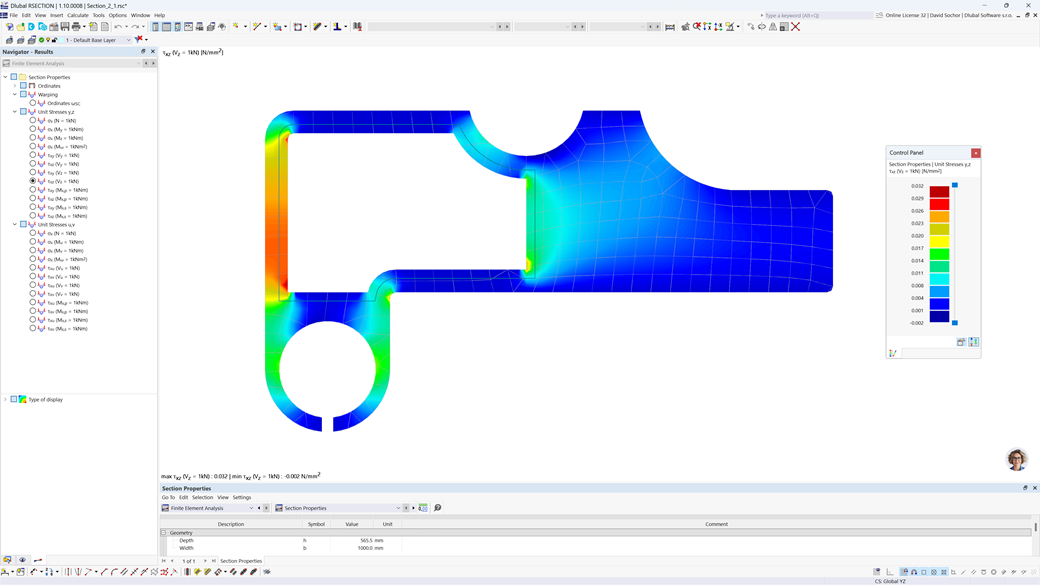 The image shows an aluminum cross-section with precise calculation results.