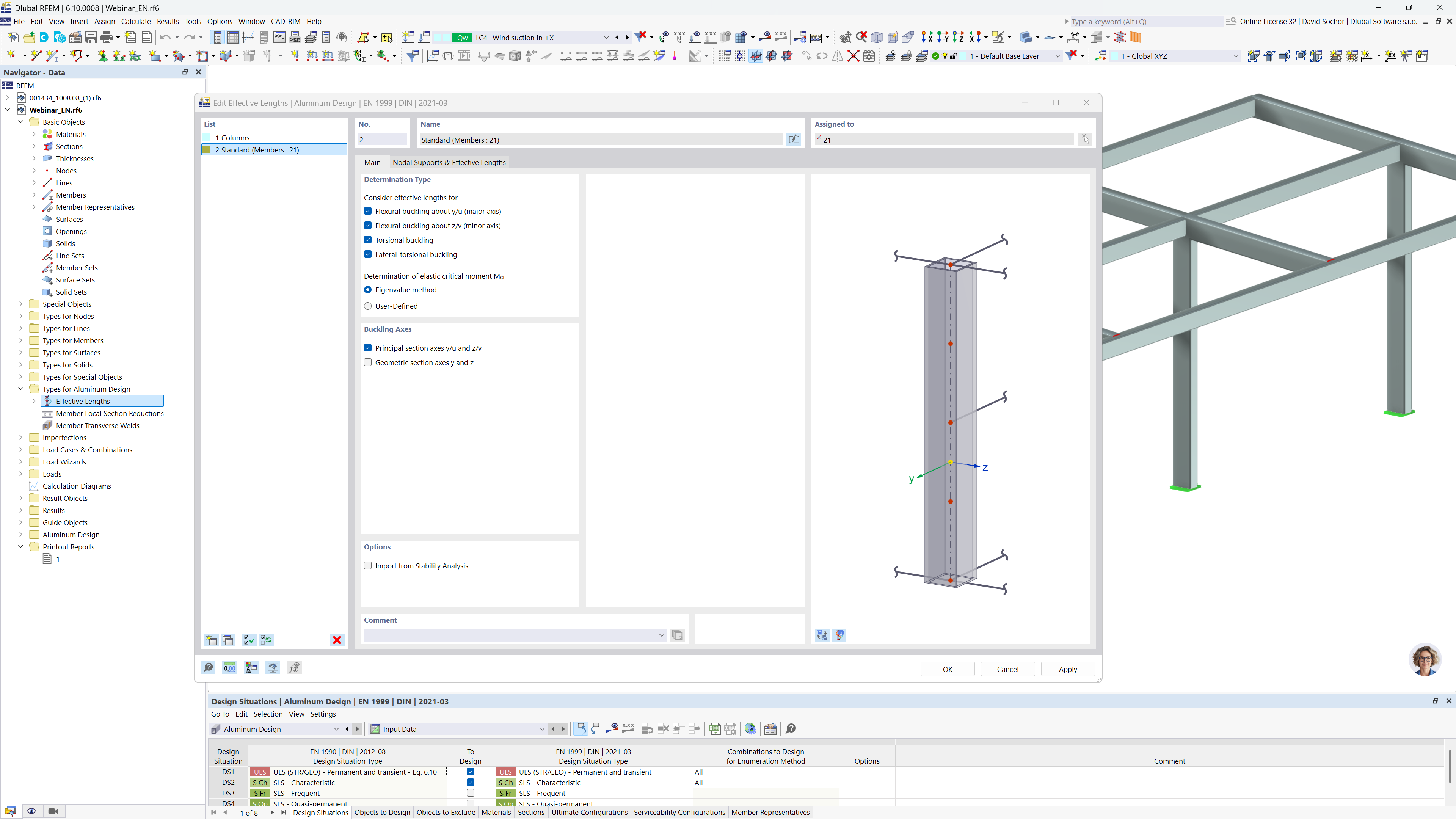 Dialog window showing effective length settings for aluminum member stability analysis in RFEM 6.