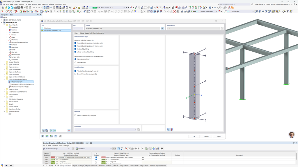 Dialog window showing effective length settings for aluminum member stability analysis in RFEM 6.
