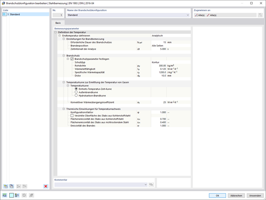 Dialog box for configuring fire resistance settings in steel design, featuring options for critical temperatures and fire exposure.