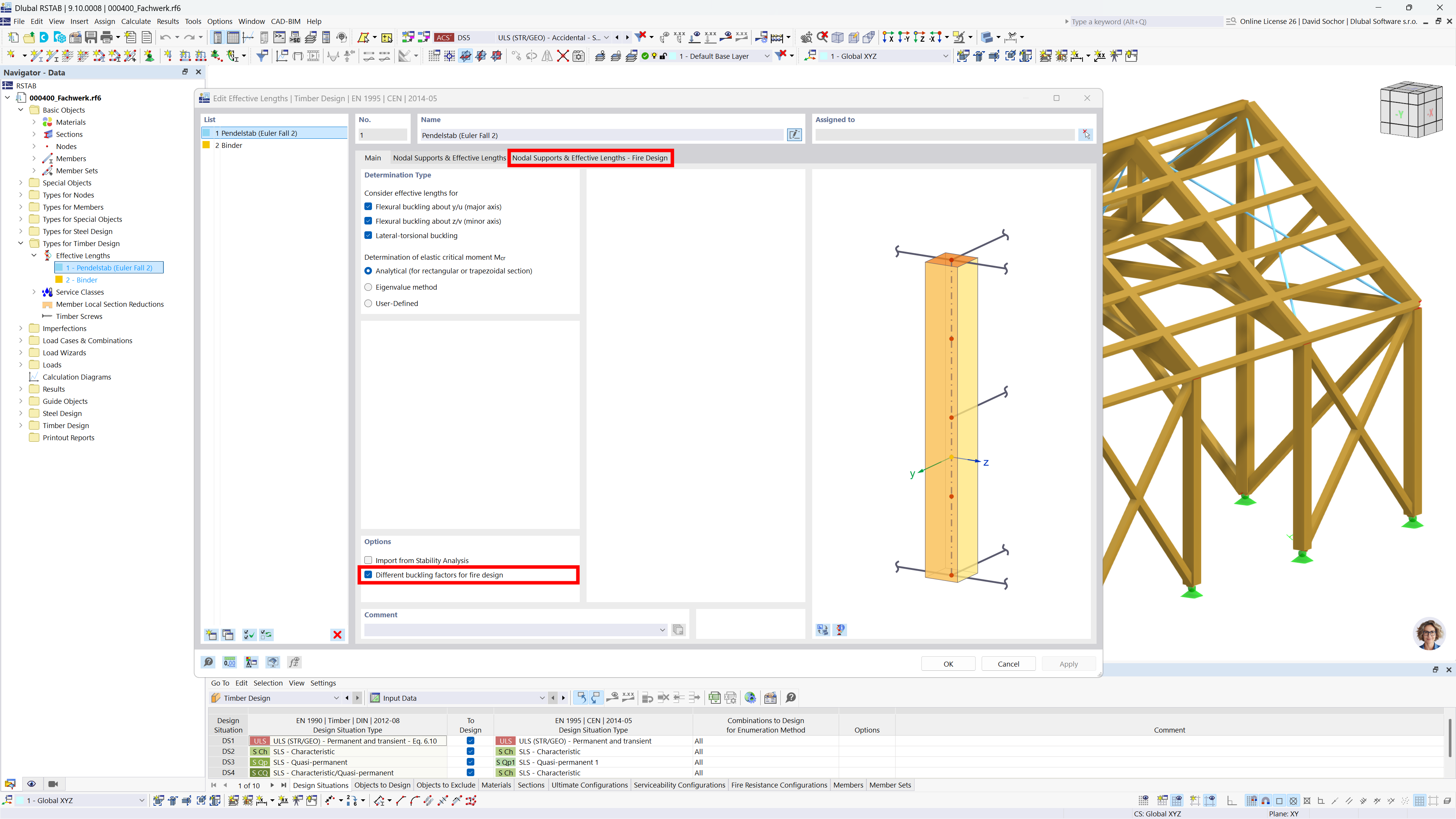 Explanation of effective length adjustment for fire protection in timber structures focusing on lateral supports.