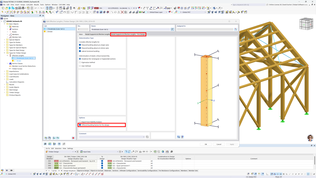 Explanation of effective length adjustment for fire protection in timber structures focusing on lateral supports.